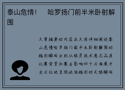 泰山危情！⚡哈罗扬门前半米卧射解围